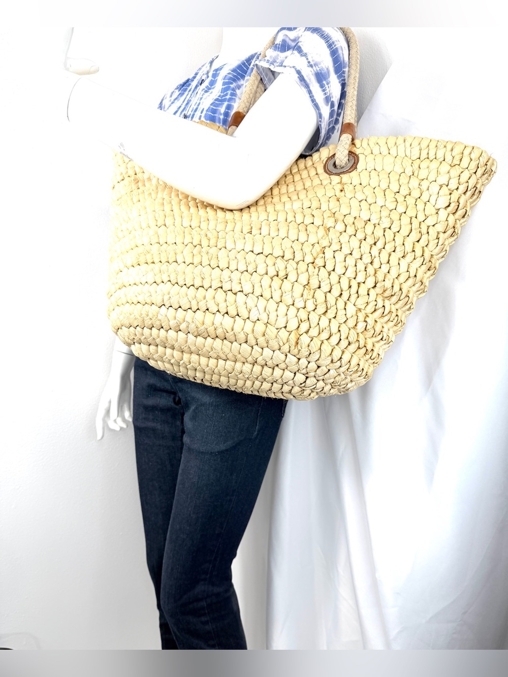 Lands End Woven Raffia Beach Shopper Summer Large Straw Tote Bag Leather Accents - Picture 2 of 11